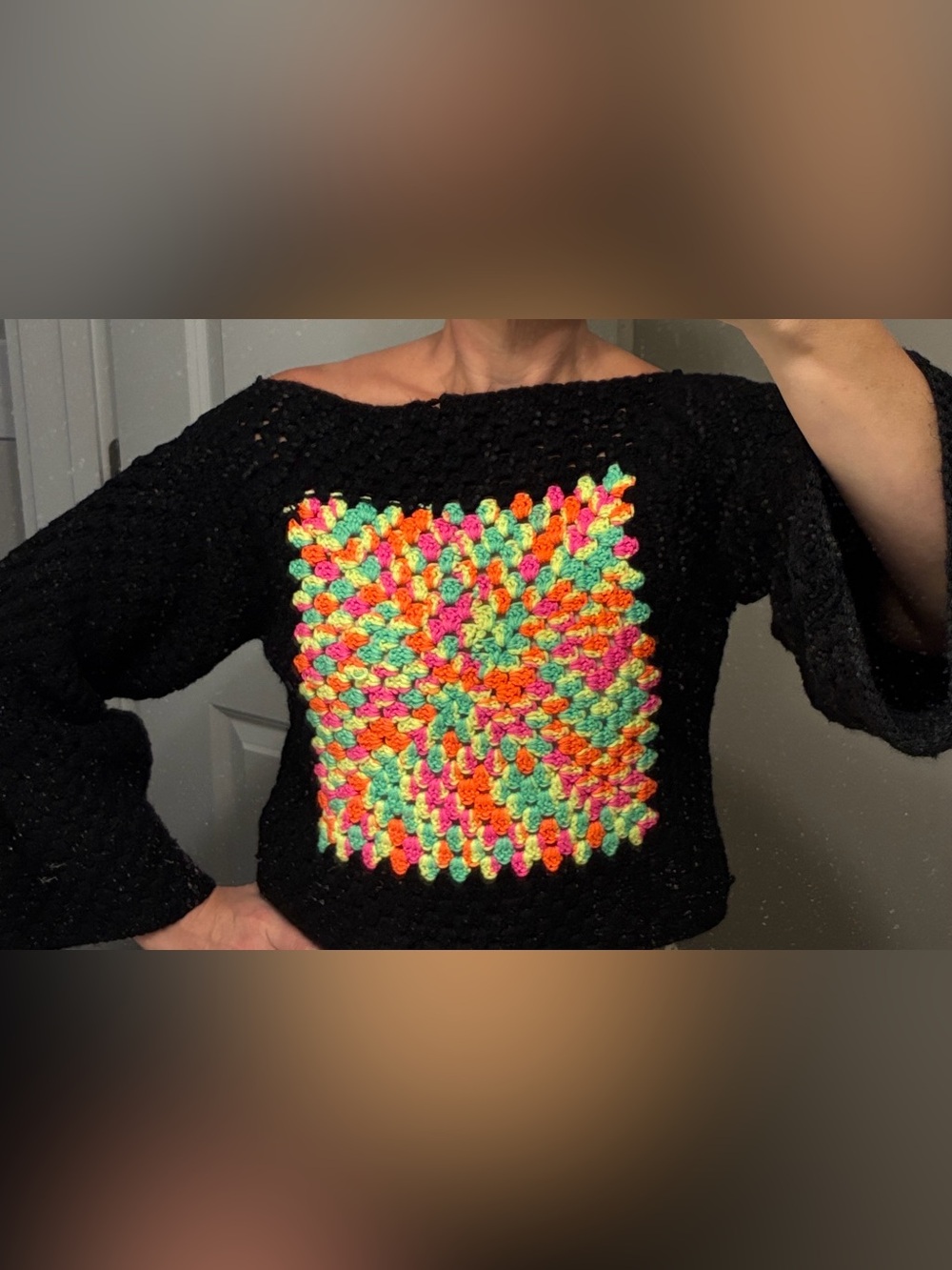 Hand-knitted Black Crochet Sweater Neon Granny Square Small / Medium